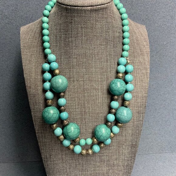 Double Strand Beaded Necklace 17 In Turquoise Crackle Silver Rose BoHo Statement - Picture 1 of 7